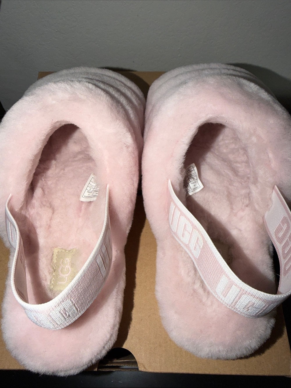 UGG Blush Pink Plush Slide Sandals with Branded Heel Strap - Picture 8 of 8